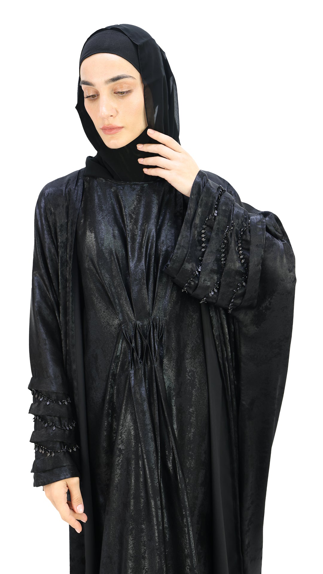 Elegant Farasha Self Textured Front Open with Inner Abaya With Beads