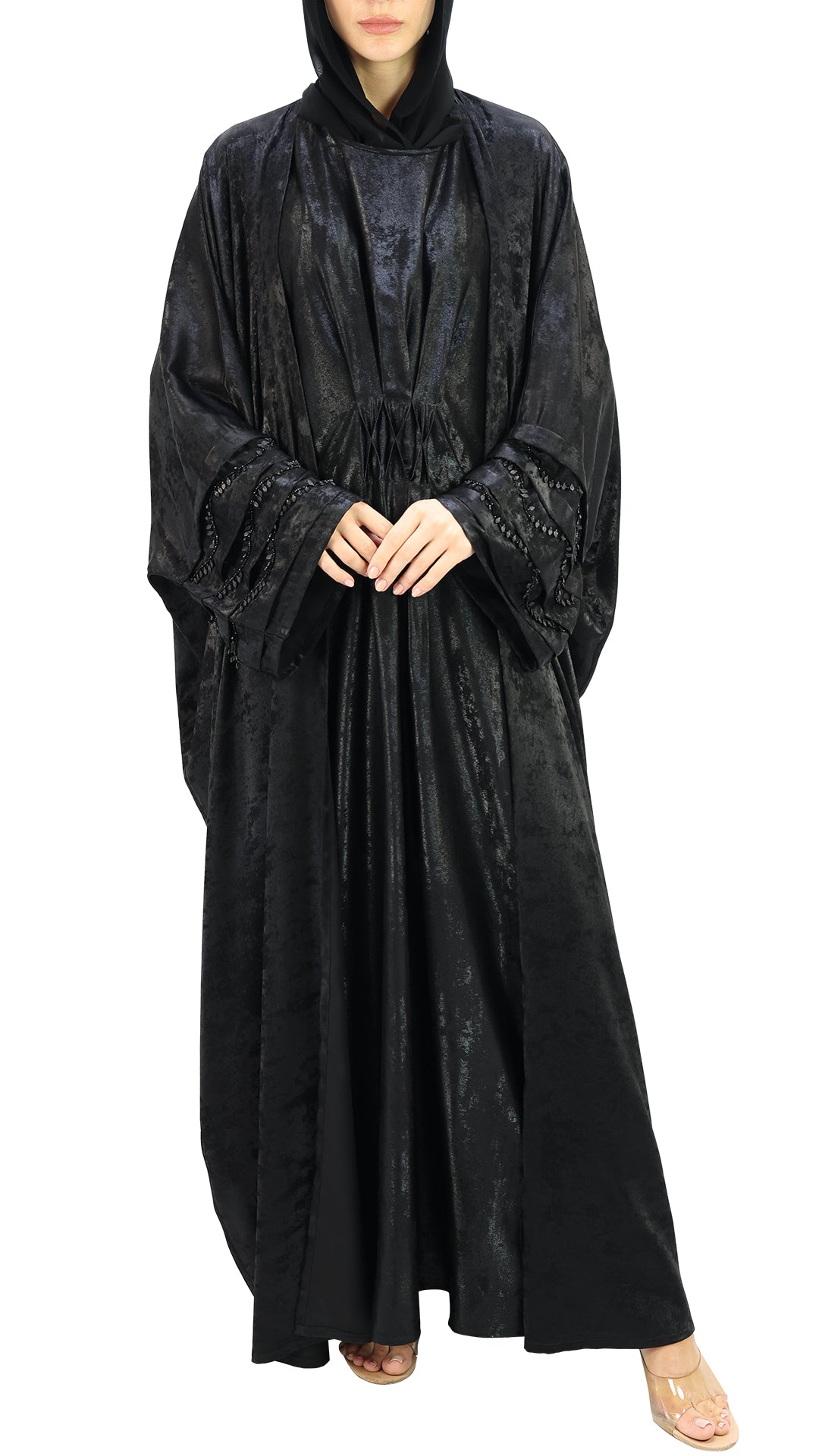 Elegant Farasha Self Textured Front Open with Inner Abaya With Beads