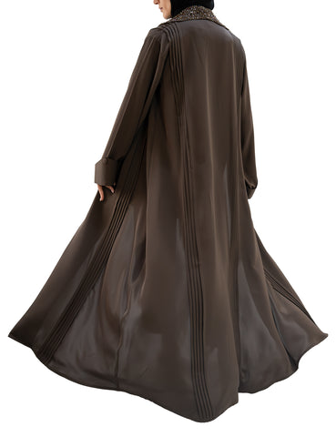 Premium Korean Nida embellished with glass beads front open abaya