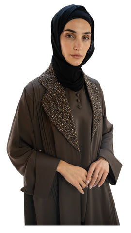 Premium Korean Nida embellished with glass beads front open abaya