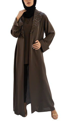 Premium Korean Nida embellished with glass beads front open abaya