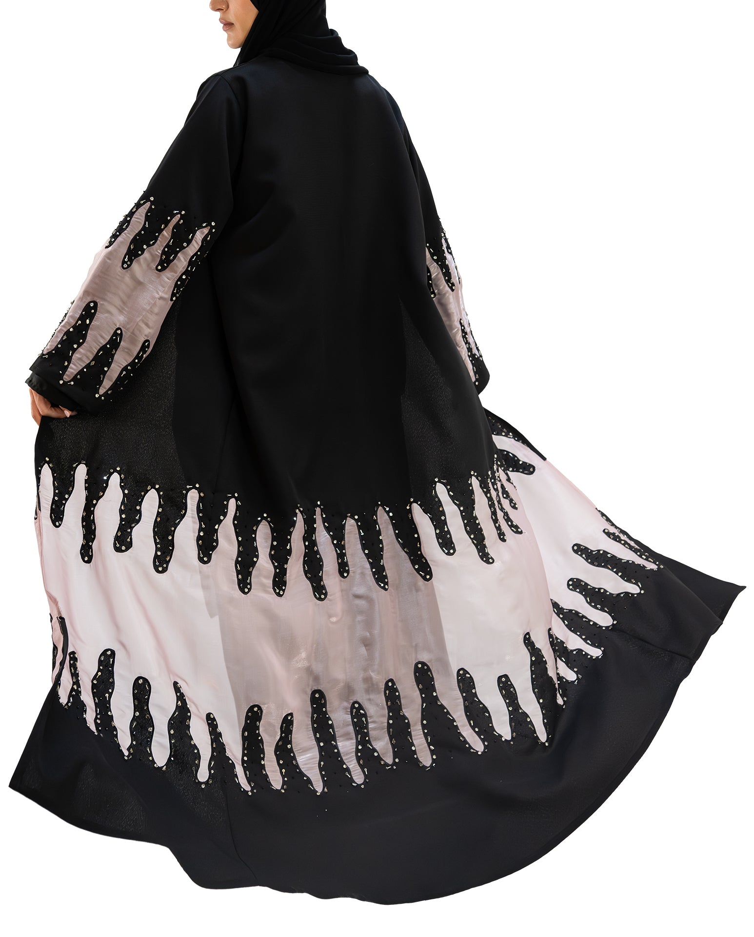 Premium crepe and organza embellished with glass beads front open abaya