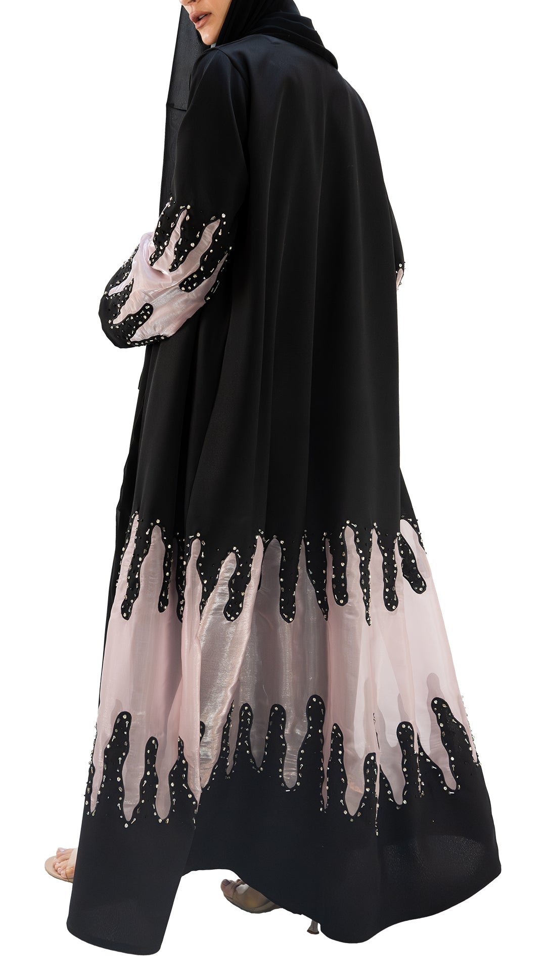 Premium crepe and organza embellished with glass beads front open abaya