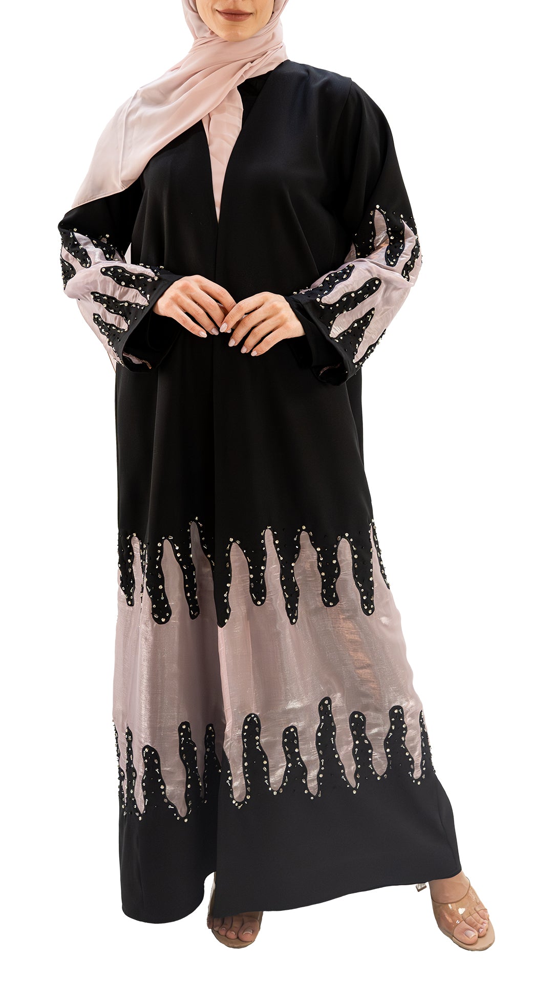 Premium crepe and organza embellished with glass beads front open abaya