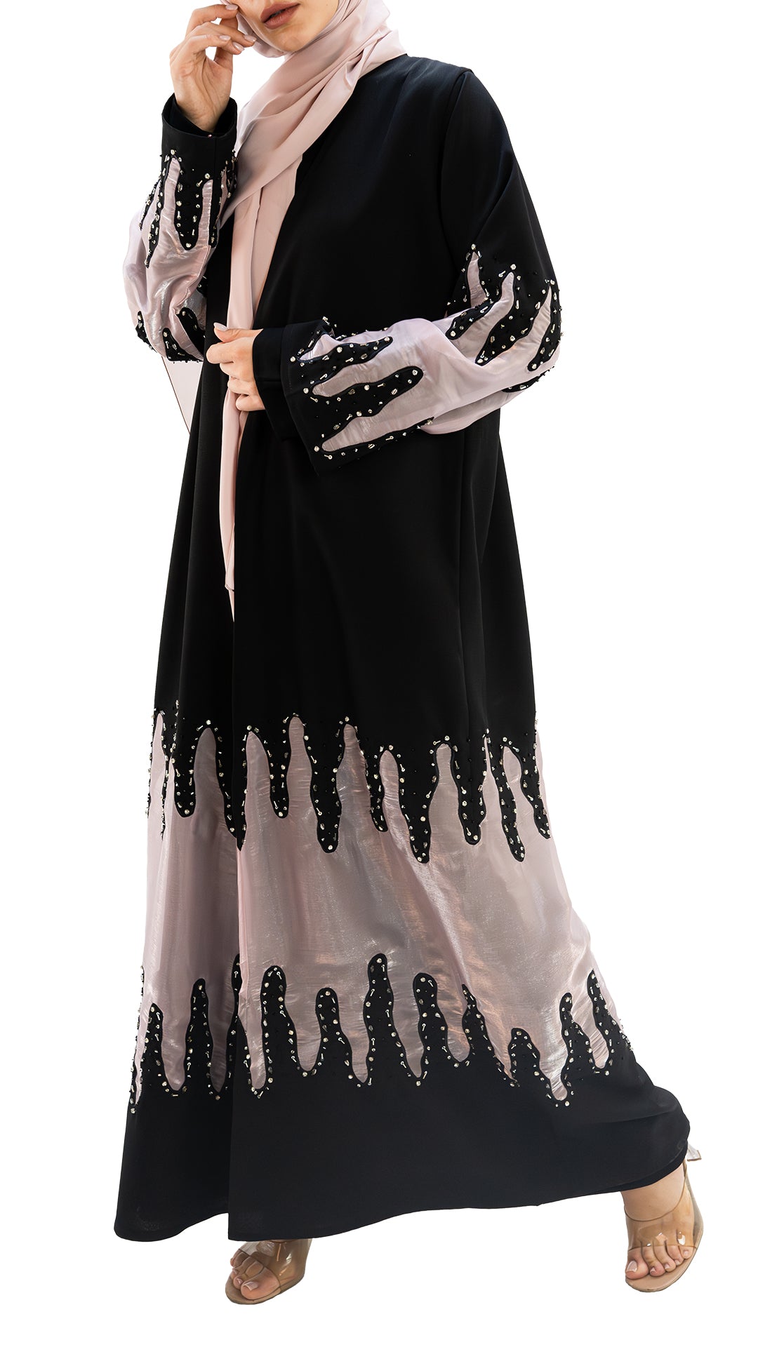 Premium crepe and organza embellished with glass beads front open abaya