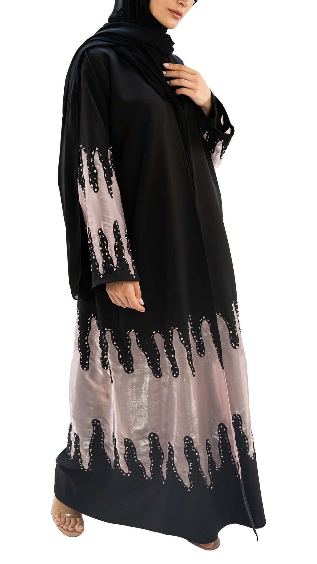 Premium crepe and organza embellished with glass beads front open abaya