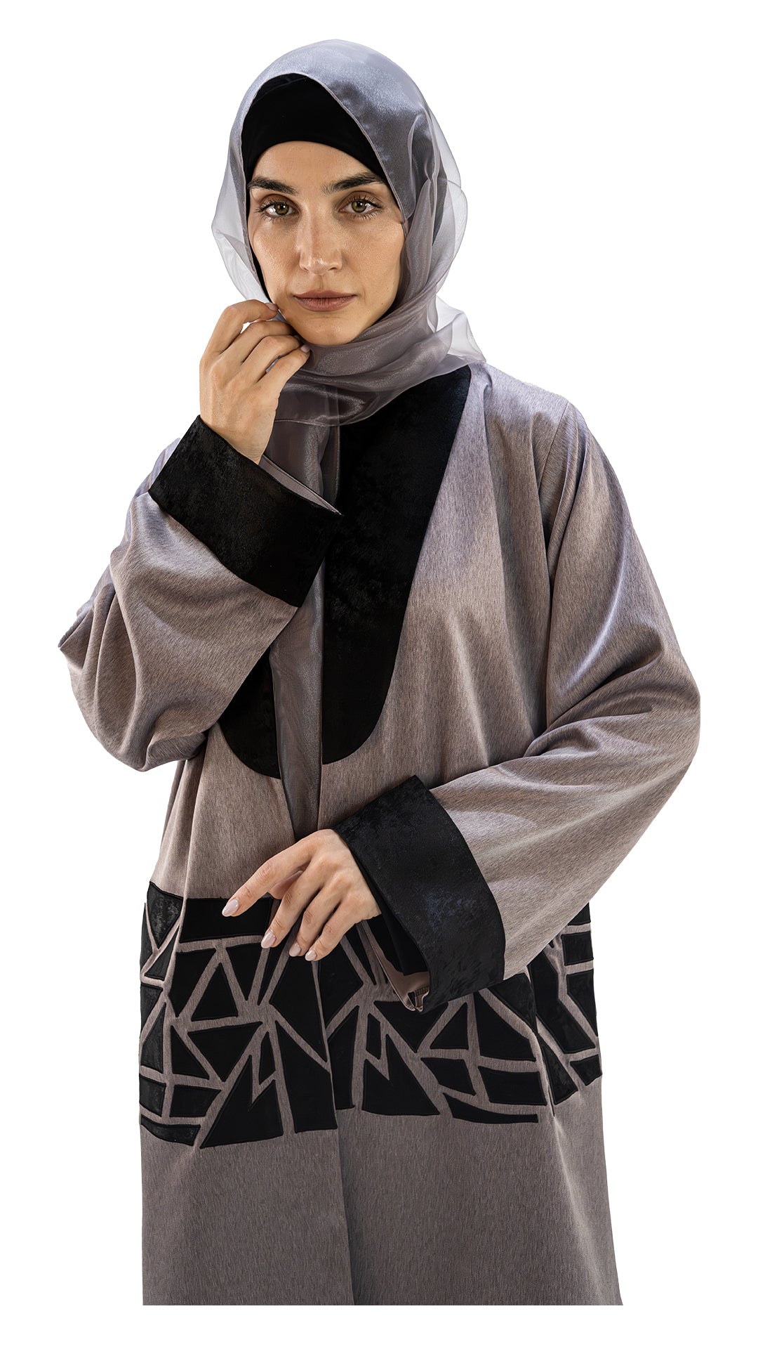 Premium textured Crepe and Organza front open abaya with embroidery