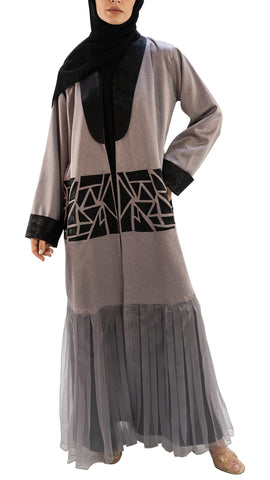 Premium textured Crepe and Organza front open abaya with embroidery