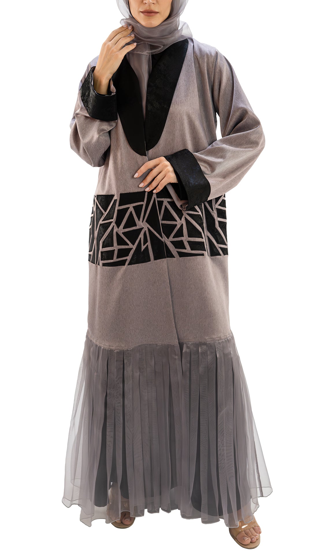 Premium textured Crepe and Organza front open abaya with embroidery