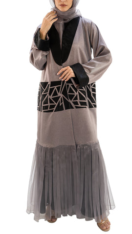 Premium textured Crepe and Organza front open abaya with embroidery