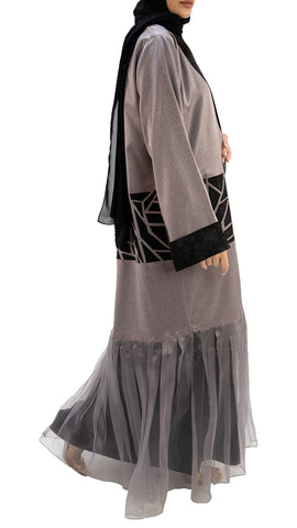 Premium textured Crepe and Organza front open abaya with embroidery