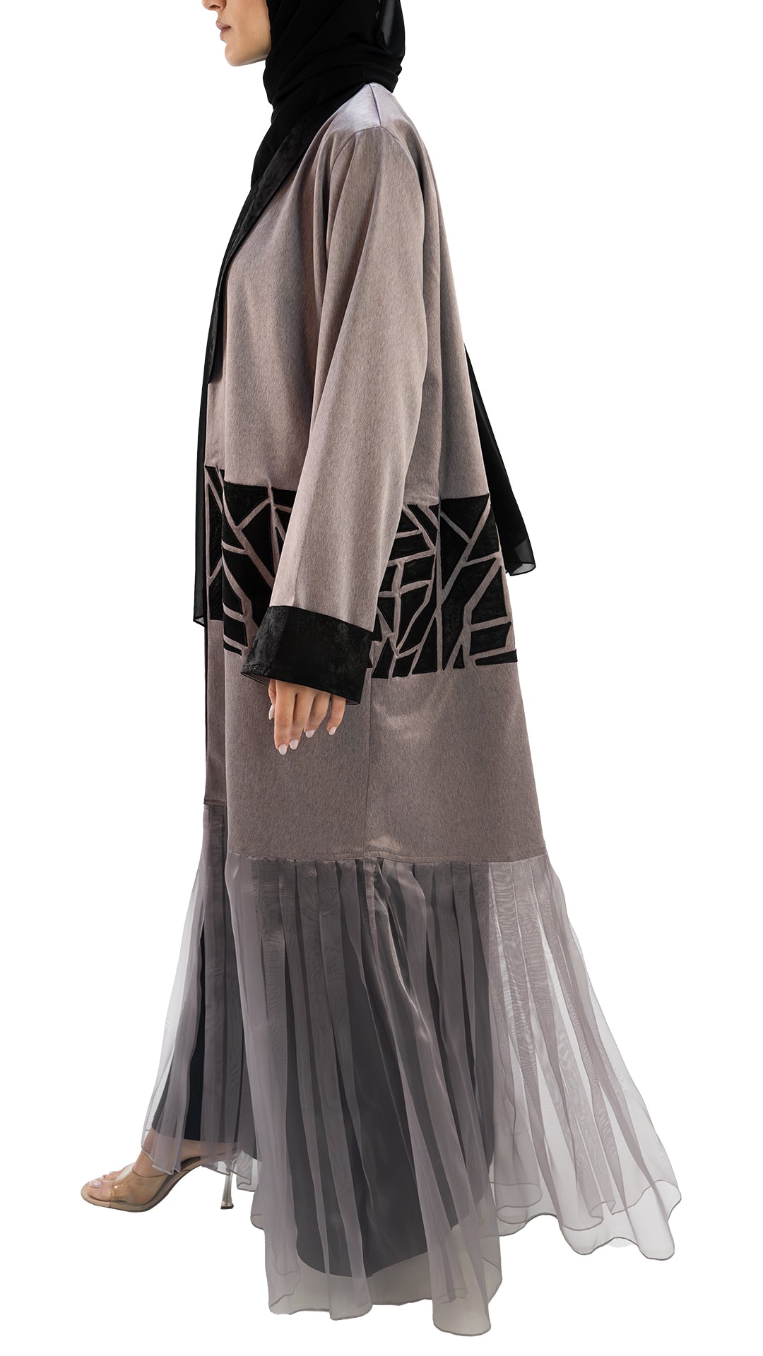 Premium textured Crepe and Organza front open abaya with embroidery