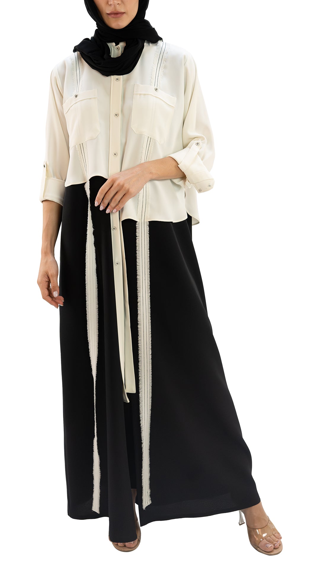 Premium Italian crepe with fringes front open abaya