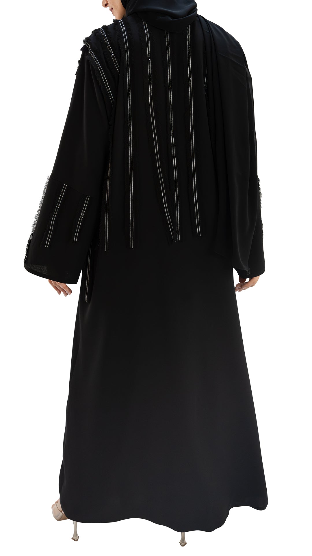 Premium Crepe with fringes and detailing front open abaya