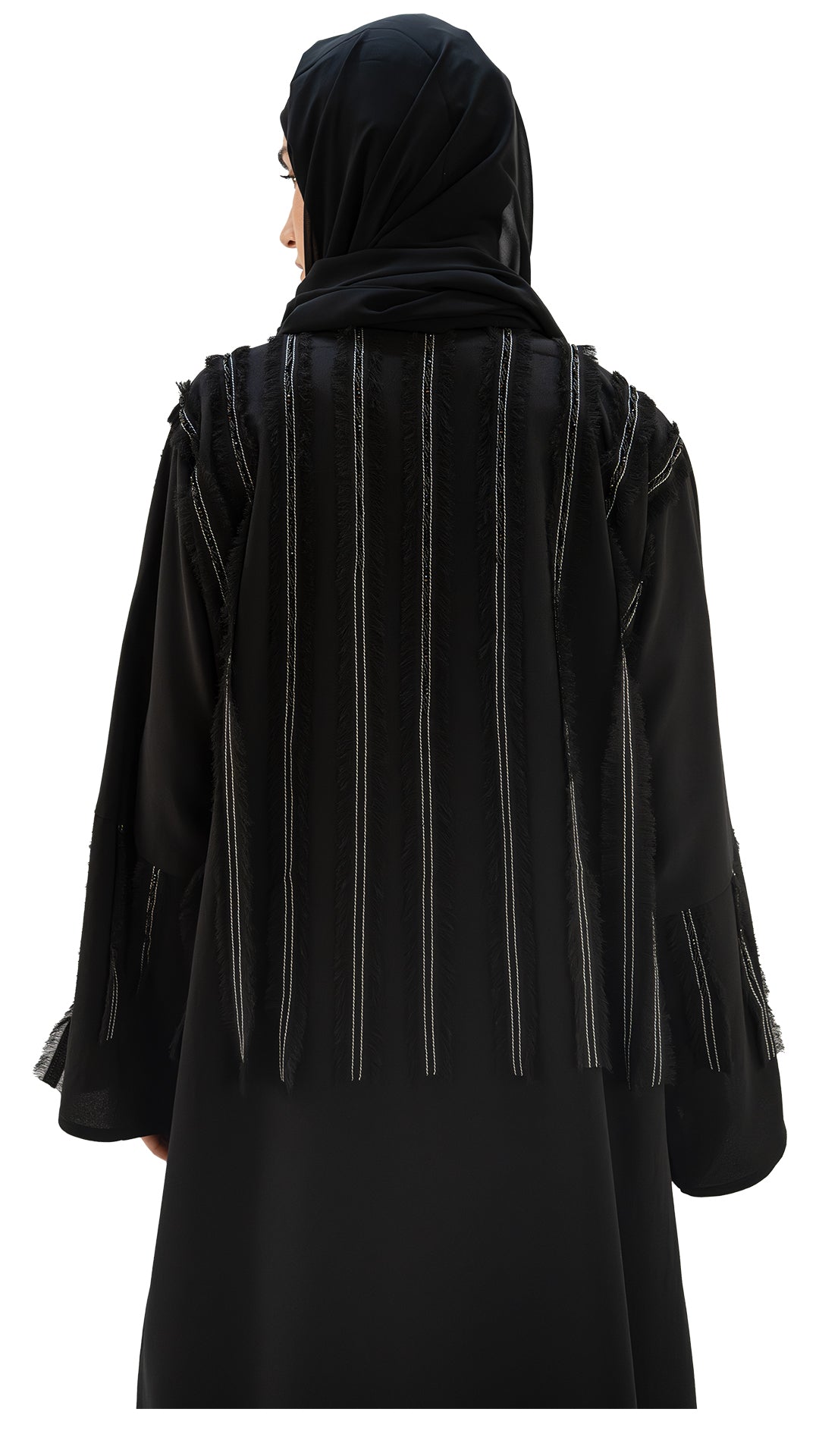 Premium Crepe with fringes and detailing front open abaya