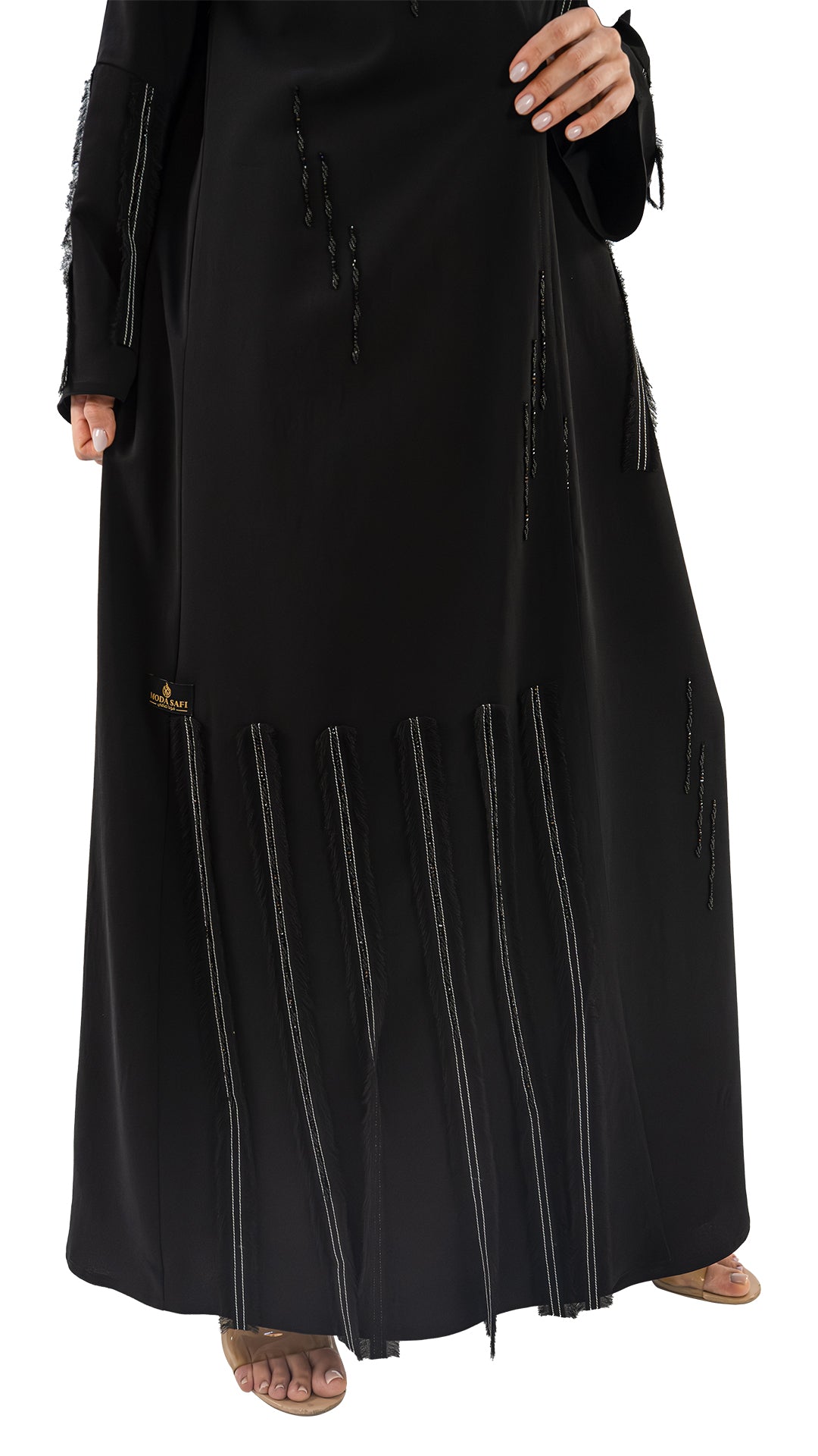 Premium Crepe with fringes and detailing front open abaya