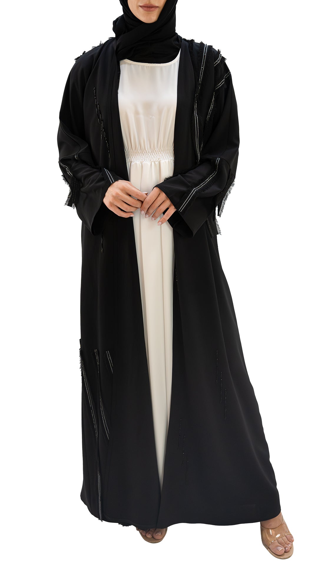 Premium Crepe with fringes and detailing front open abaya