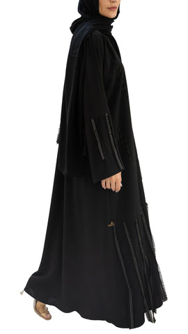 Premium Crepe with fringes and detailing front open abaya