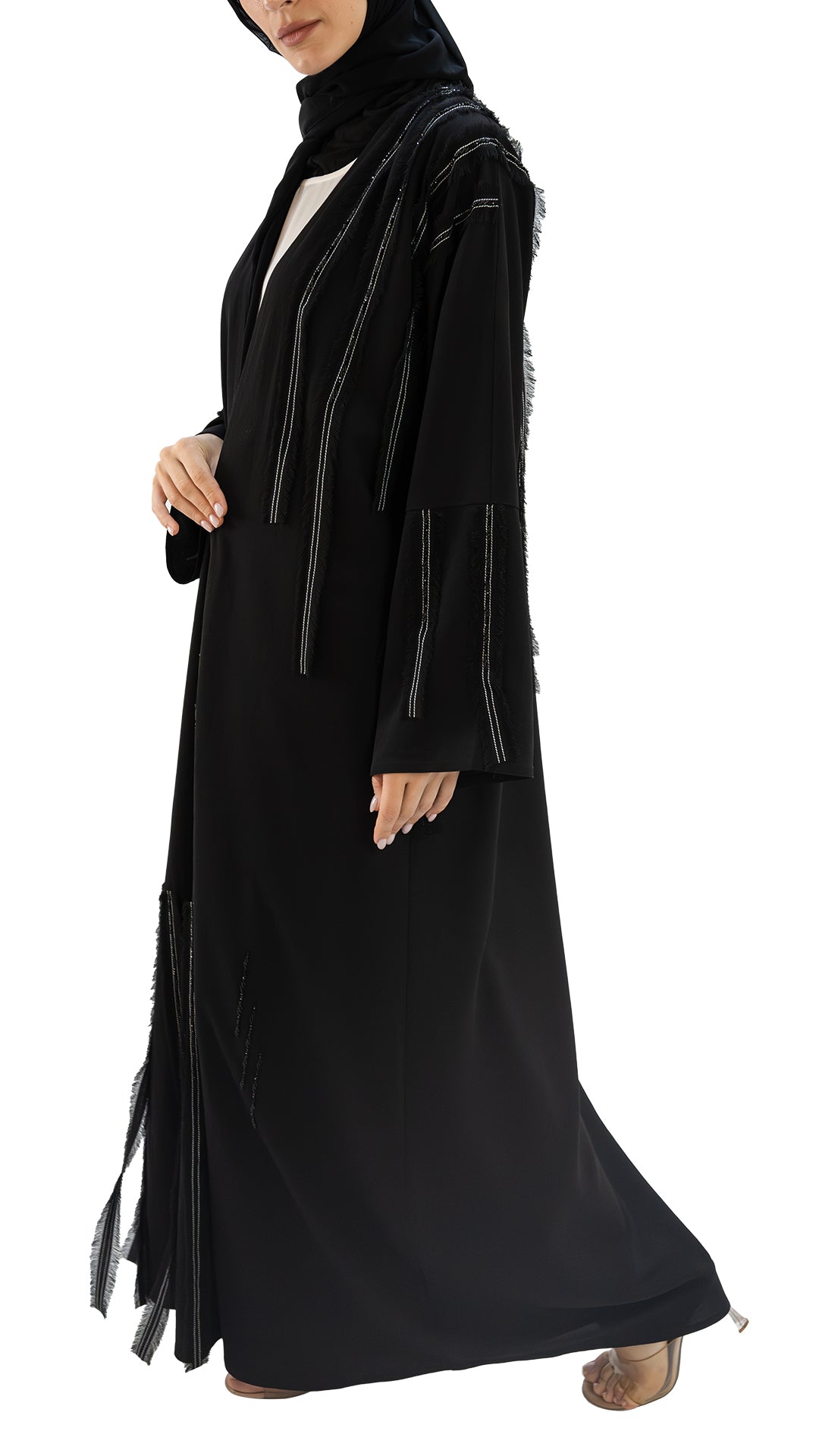 Premium Crepe with fringes and detailing front open abaya