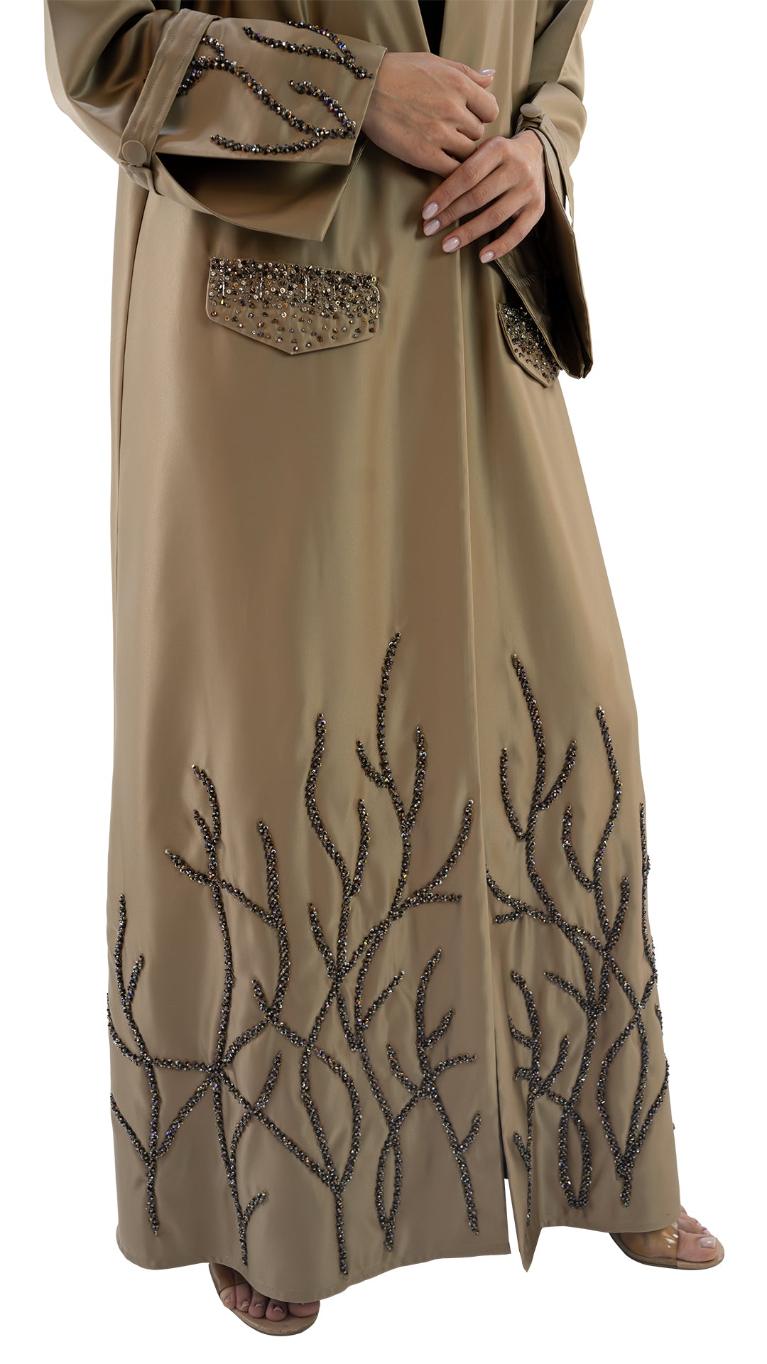 Premium Satin abaya with glass embellishments front open