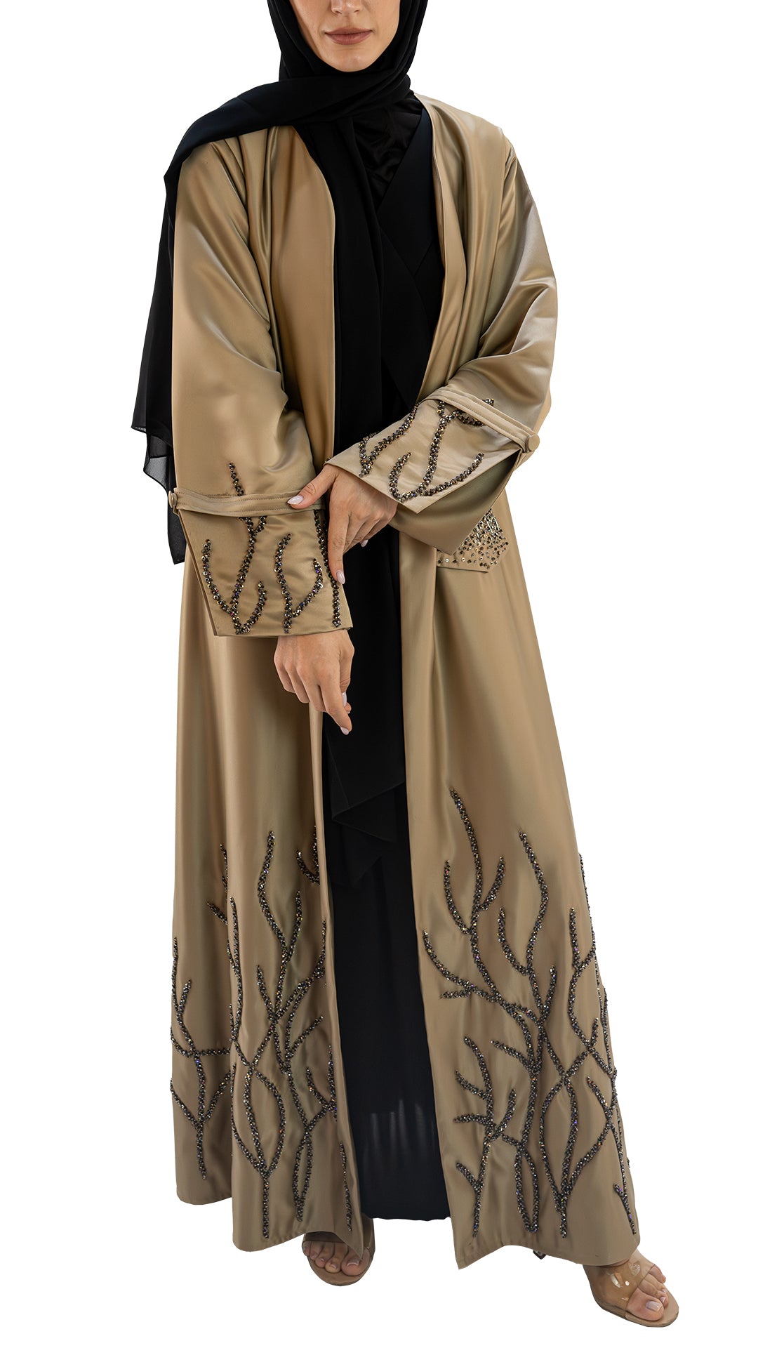 Premium Satin abaya with glass embellishments front open