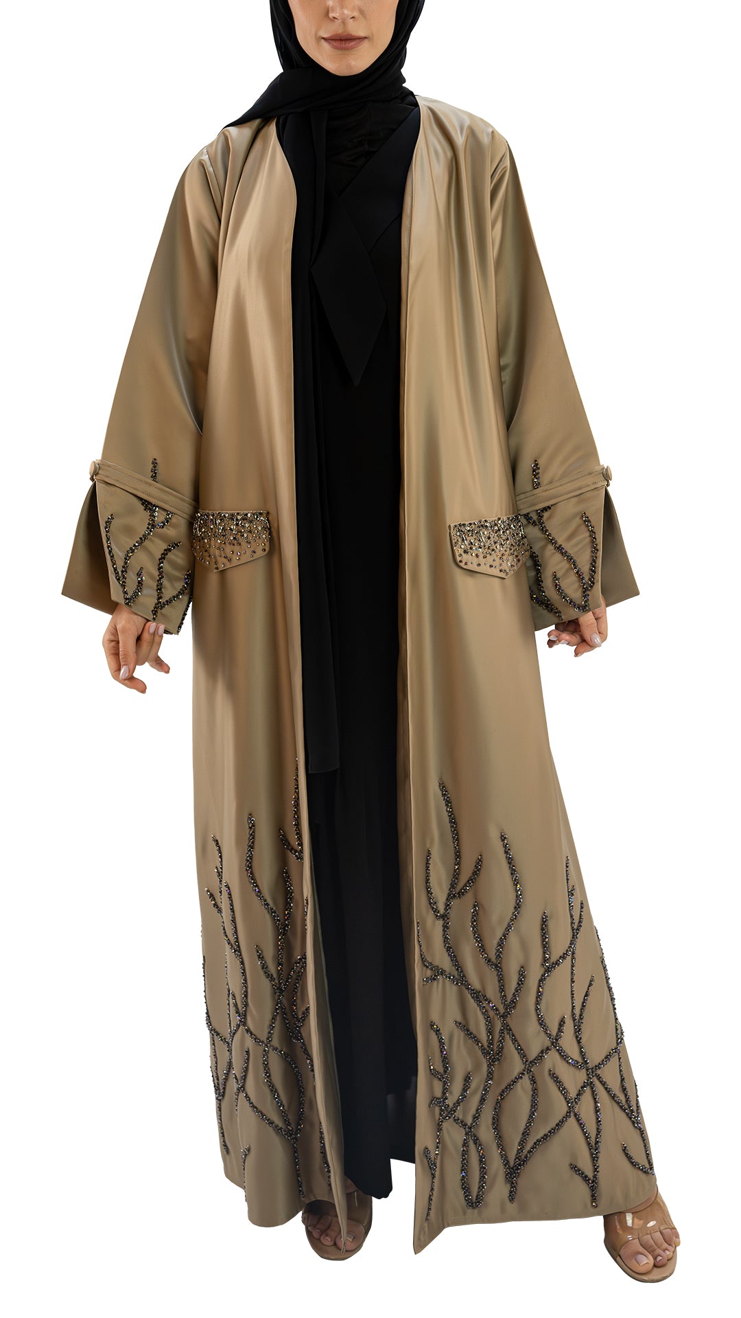 Premium Satin abaya with glass embellishments front open