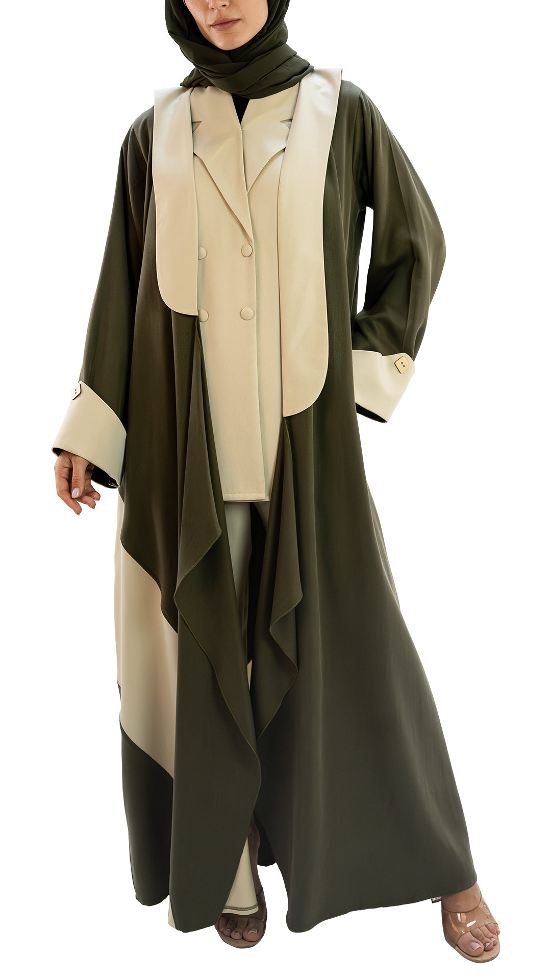 Luxurios sustainable fabric front open abaya with co ord set