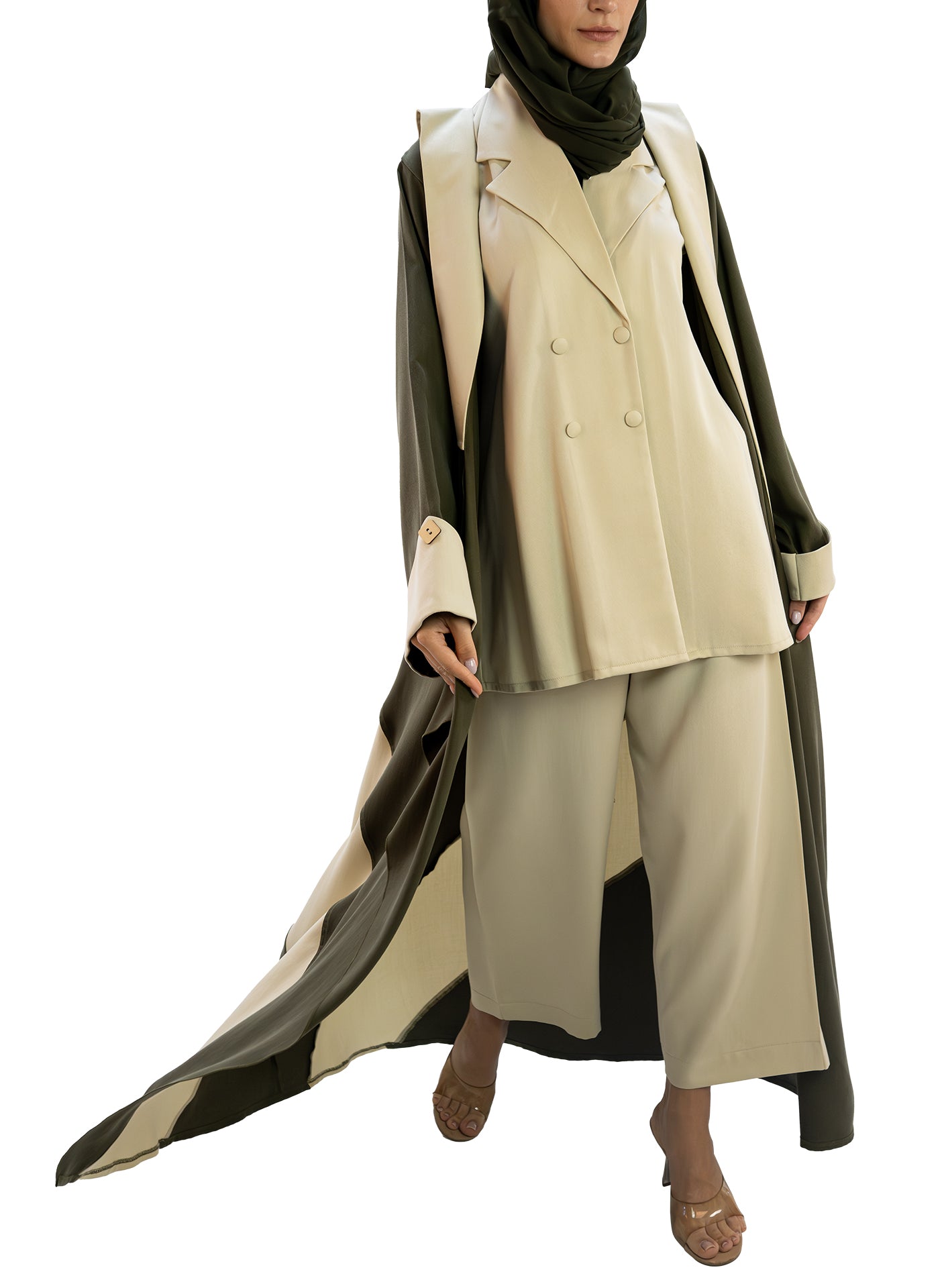 Luxurios sustainable fabric front open abaya with co ord set