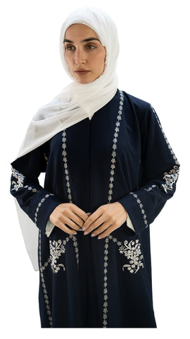 Premium self textured crepe front open abaya with embroidery