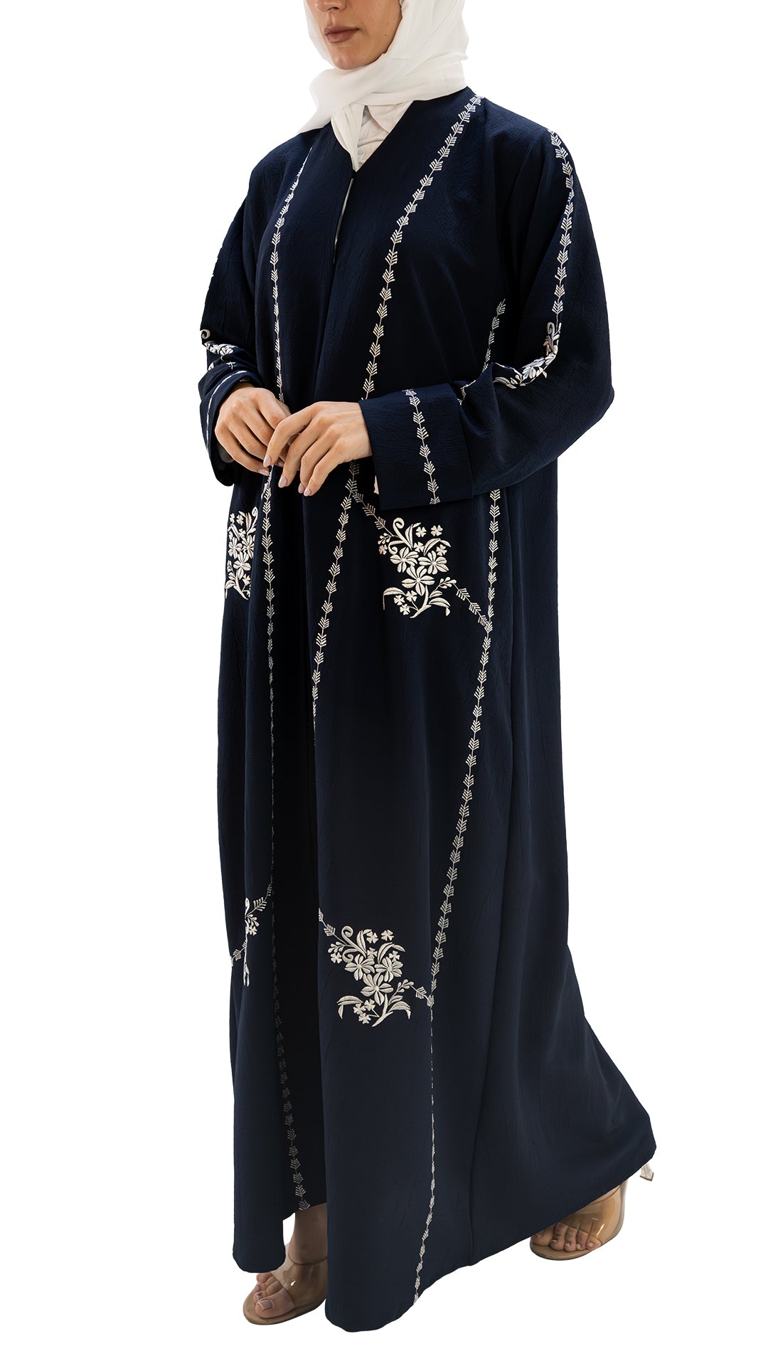 Premium self textured crepe front open abaya with embroidery