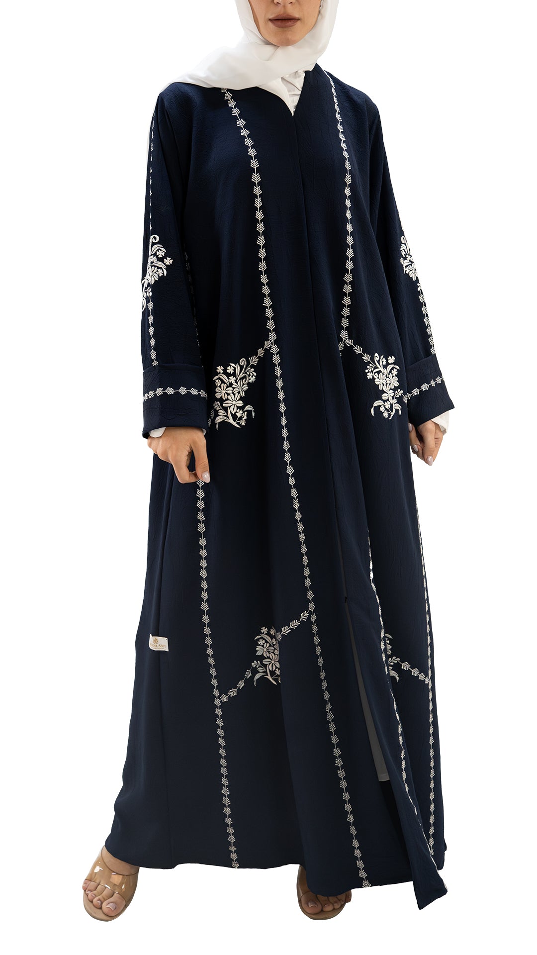 Premium self textured crepe front open abaya with embroidery