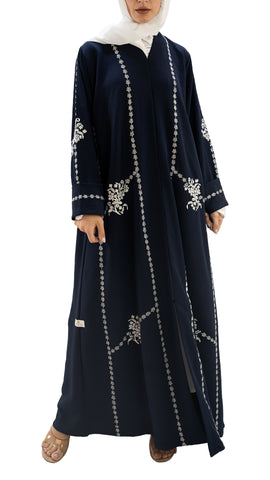 Premium self textured crepe front open abaya with embroidery