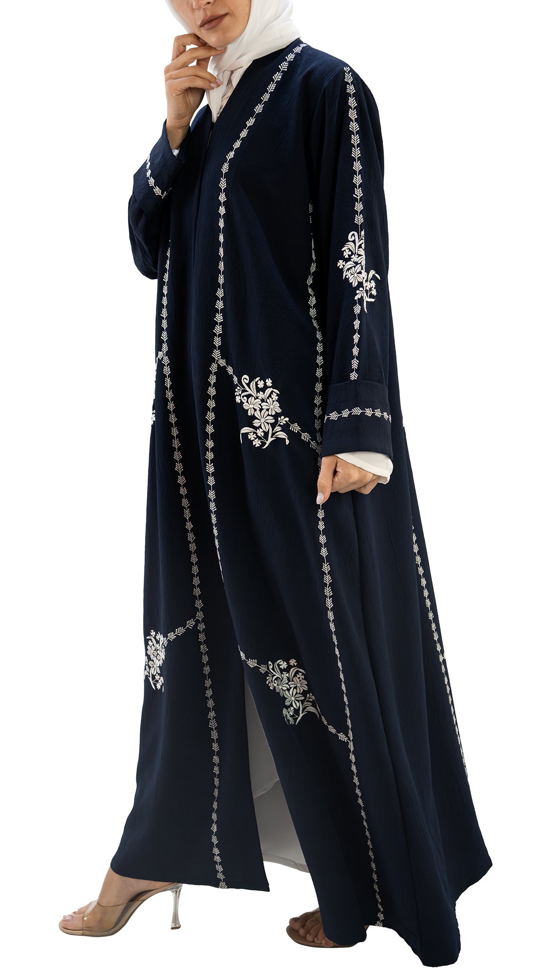 Premium self textured crepe front open abaya with embroidery