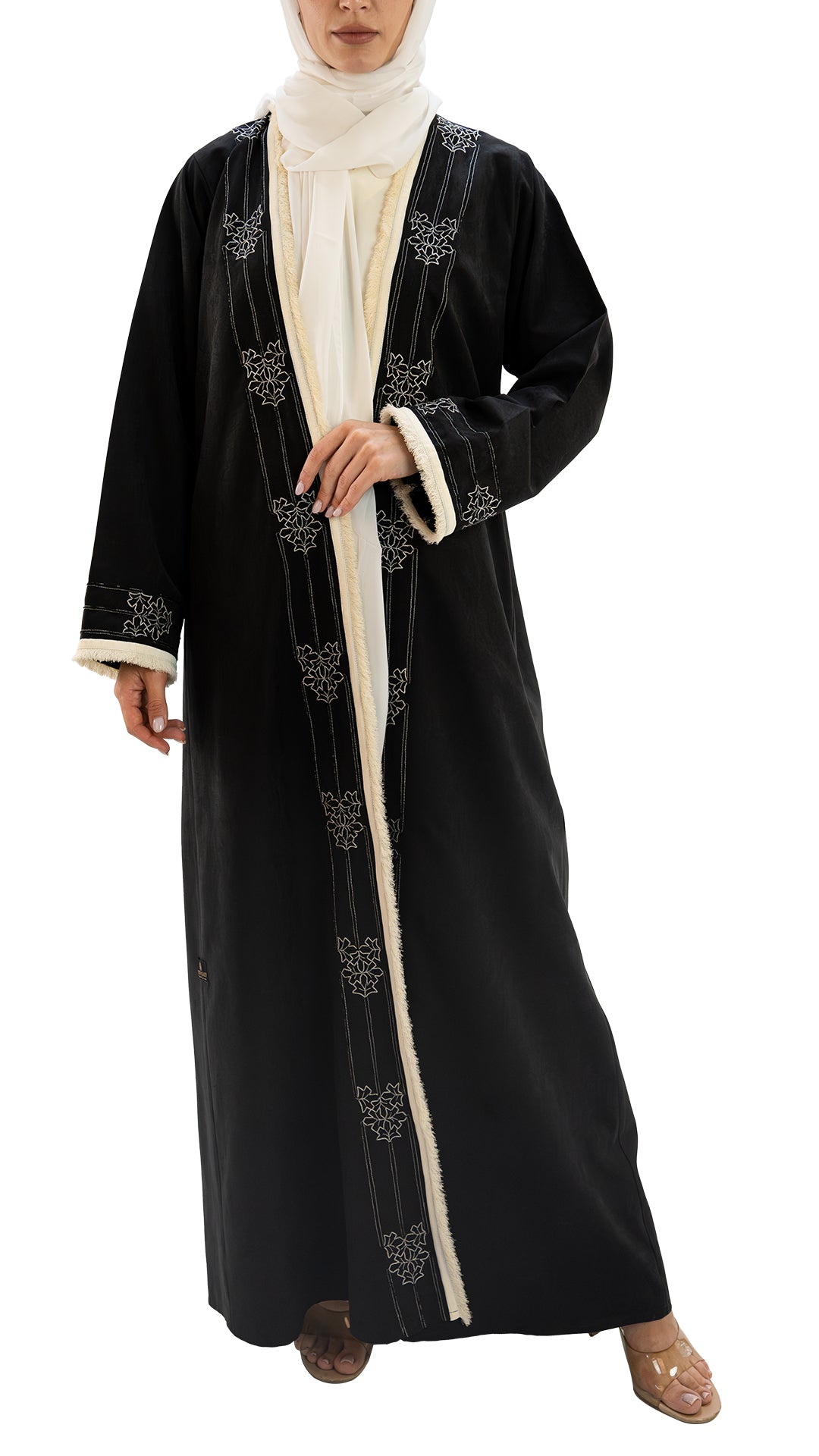 Premium soft crepe front open abaya with embroidery and embellishments