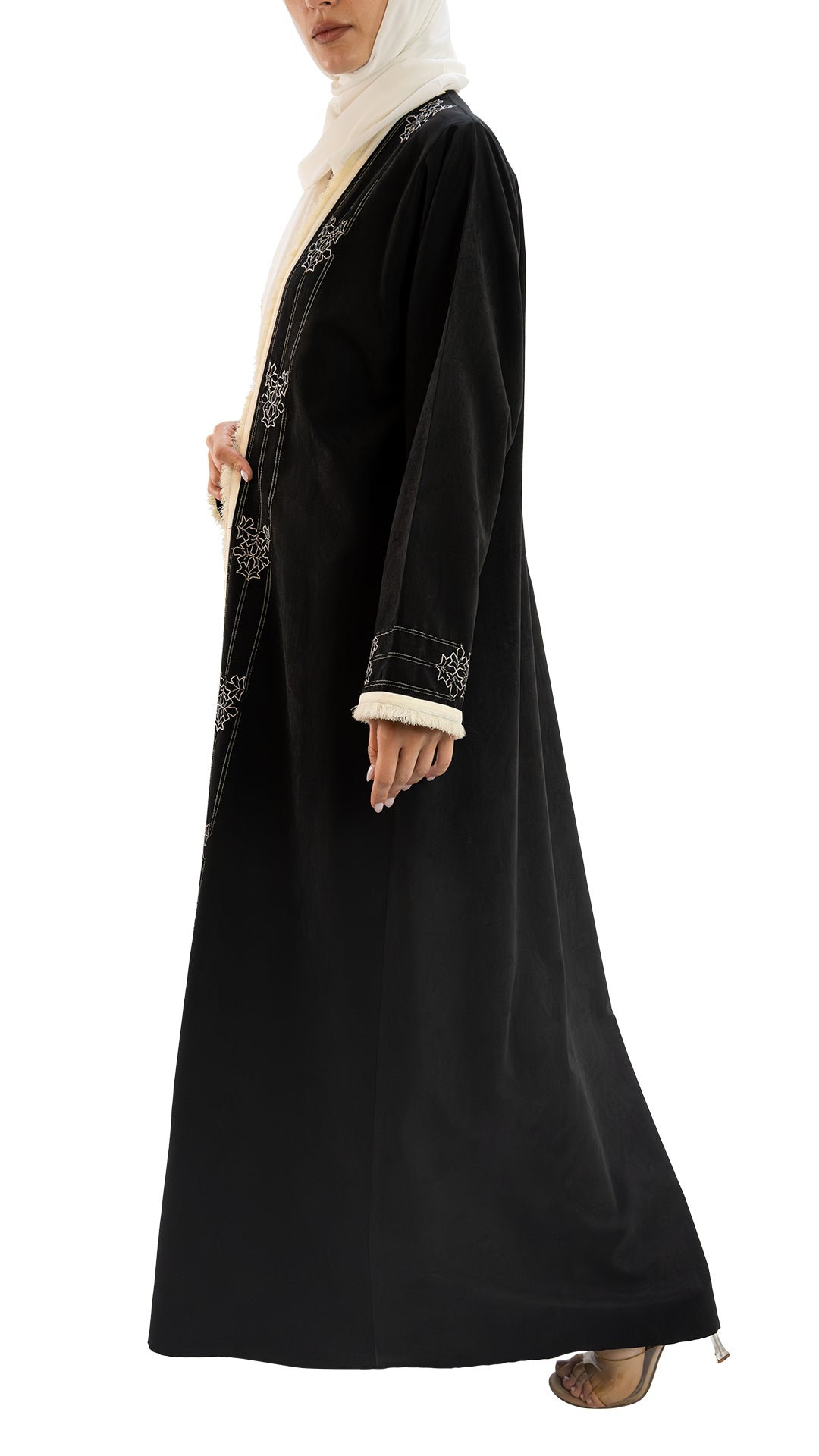 Premium soft crepe front open abaya with embroidery and embellishments